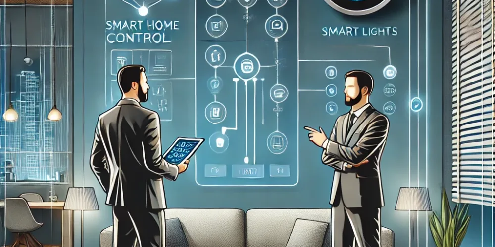 DALL·E 2024-11-24 08.56.57 - A modern illustration showing two men discussing smart home automation. One man is holding a tablet displaying a smart home control interface, and the